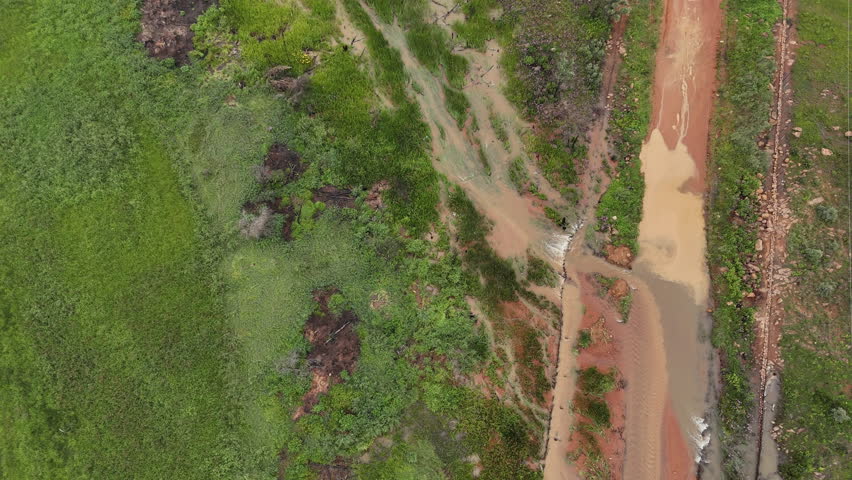 A vehicle and trailer drive across a dirt road stream, surrounded by lush greenery