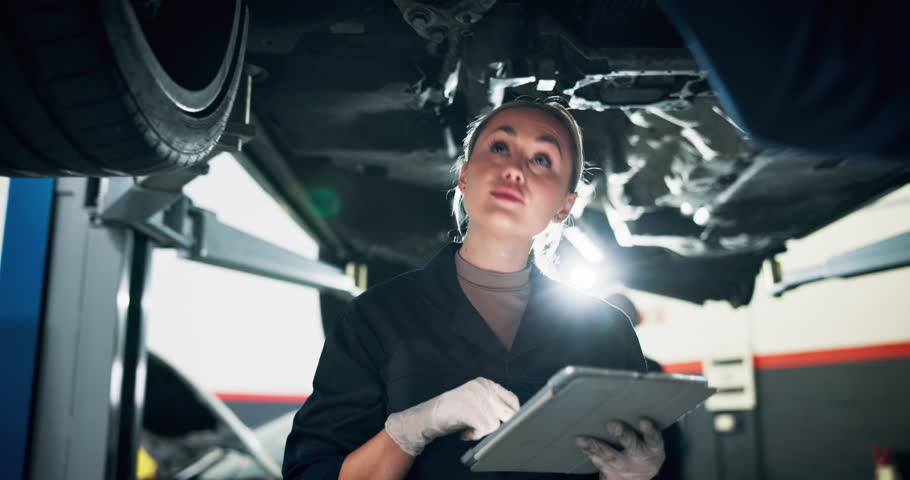 Mechanic, car and woman with tablet, inspection and calibration with vehicle maintenance. Person, employee and motor technician with tech, diagnostic test and transport with digital app for checkup