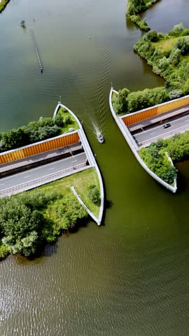 Experience the stunning Veluwemeer Aqueduct where a road elegantly crosses under a canal. Witness boats navigating the waterway while lush greenery frames this architectural marvel in the Netherlands