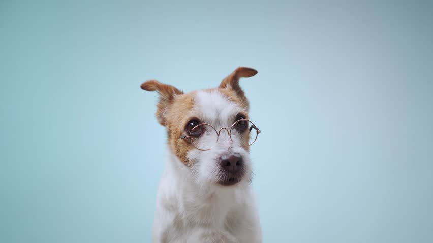 A Jack Russell Terrier tilts its head slightly against a soft blue gradient background, looking curious and adorable. The image captures the dog inquisitive expression and calm demeanor.