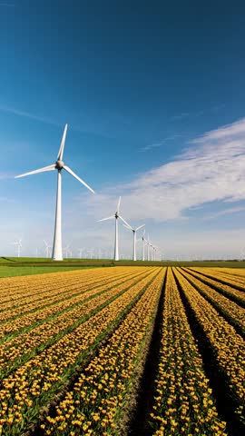 Witness the stunning combination of colorful tulip fields and majestic wind turbines in the Netherlands. Windmill park, drone aerial view of windmill turbines generating green energy