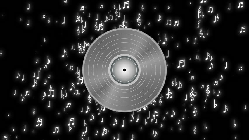 Rotating classic platinum vinyl record with flying music notes animation in platinum colors and glow effect, scene or title opener, concepts, ideas, 4k, transparent background 