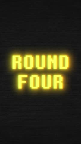 Vertical video animation of the title animation of round four in neon yellow on a dark, noisy Background - vintage 8 bit game screen.