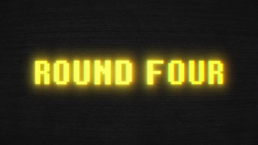 Video animation of the title animation of round four in neon yellow on a dark, noisy Background - vintage 8 bit game screen.