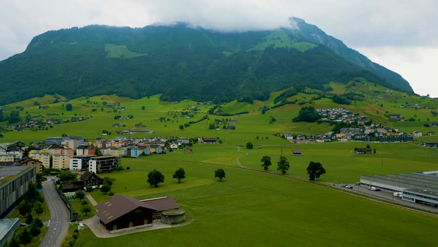 4K Drone Video of Farmland at the base of Stanserhorn Mountain in Stans, Switzerland