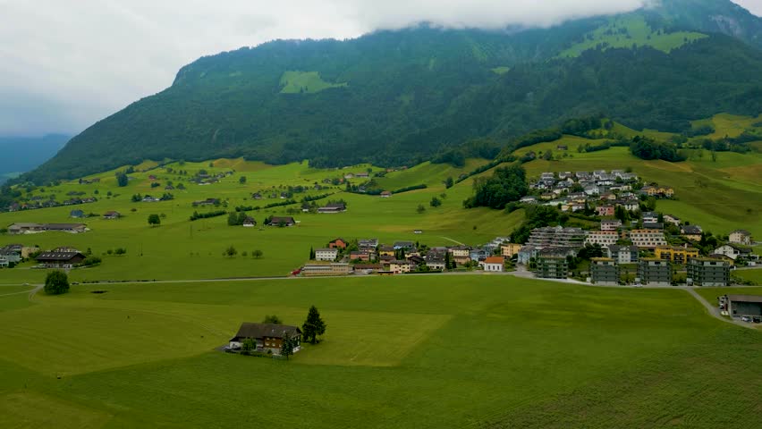 4K Drone Video of Village at the base of Stanserhorn Mountain in Stans, Switzerland