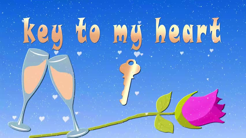 Sweet and elegant e card for Valentine's Day! Golden text KEY TO MY HEART 2 glasses of champagne pink rose and golden key 10 s 4k cartoon animation raining white hearts snowing eye catching!