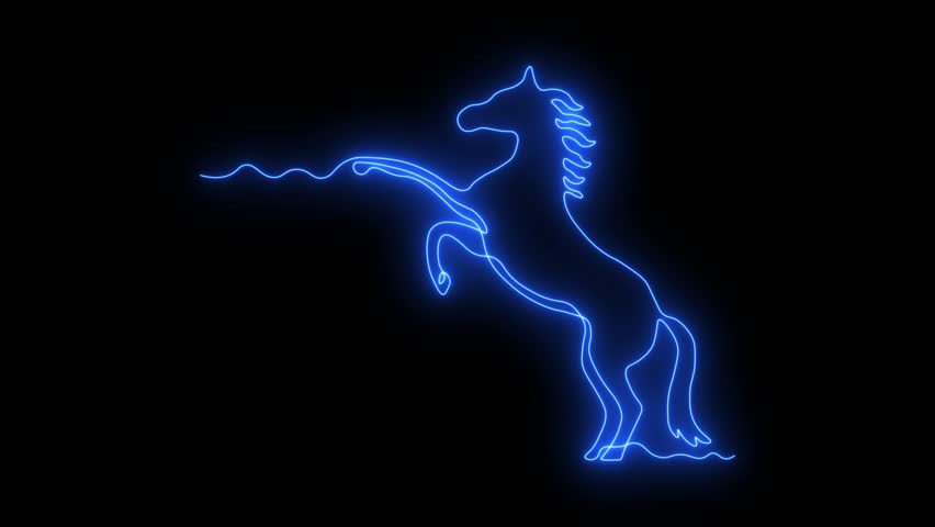 abstract horse stands on its hind legs, Self drawing animation one continuous line draw, logo.  Blazing  flame, energy, fire. neon blue luminous sign