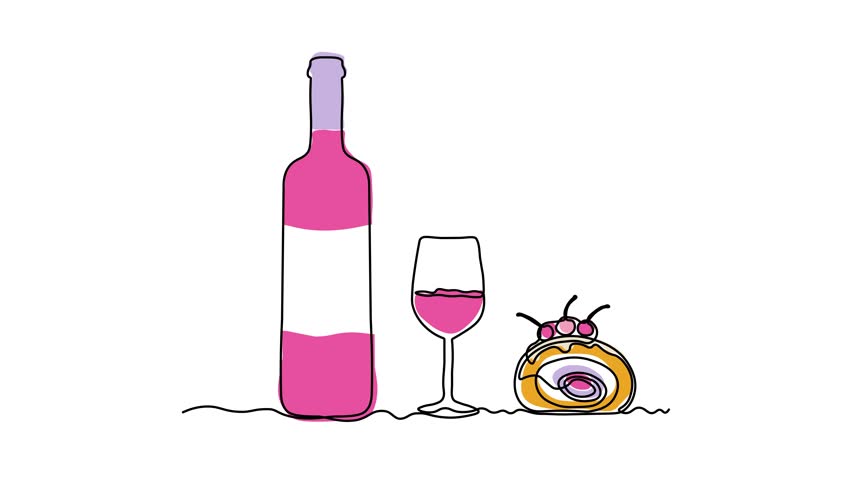 Glass bottle with wine,port, alcohol. wine glass, cake,dessert, Self drawing animation one continuous line draw, logo