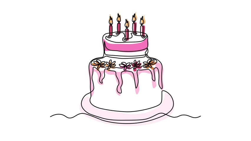 Birthday cake with burning candle, dessert. Self drawing animation one continuous line draw, logo