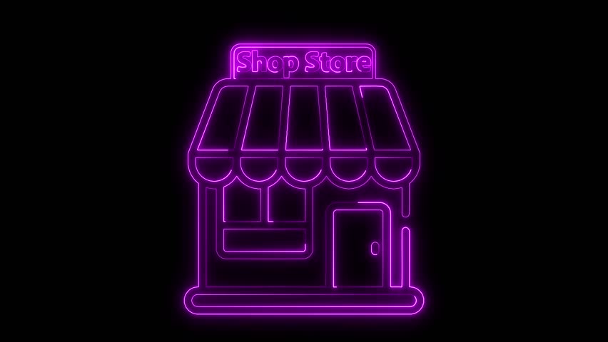 Glowing neon line store animated icon purple color, shop neon line animation concept, shop store, supermarket shop, grocery 