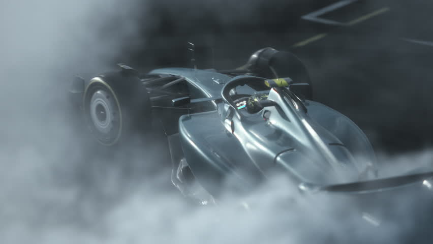 A racing car performs celebratory donuts after a victory, creating smoke trails on the asphalt under dim lights. A dynamic motorsport celebration moment