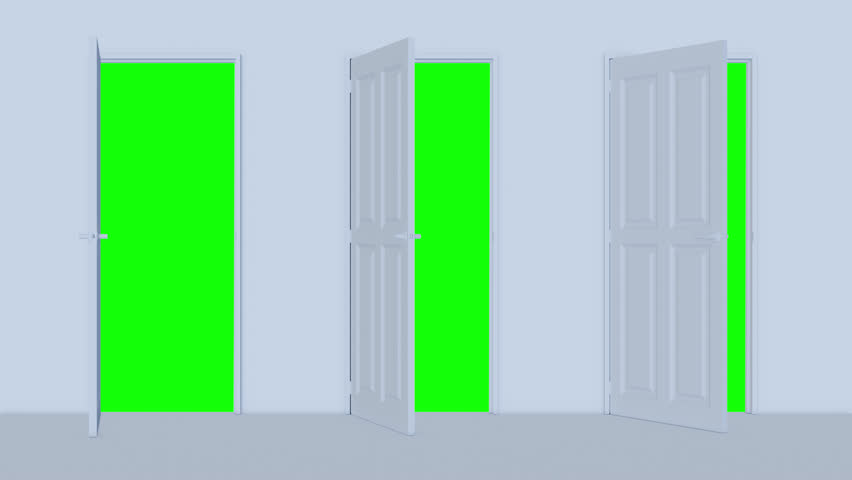 Three white opening door in empty room with chroma key background. Modern motion concept design. Minimal 3d animation.