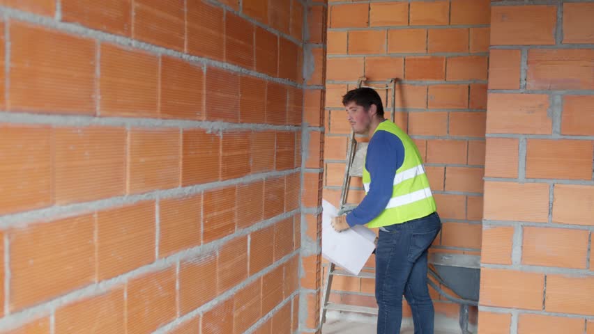 4K slow-motion footage of a construction worker inspecting a building project inside a room with unfinished orange brick walls, focusing on the progress and details