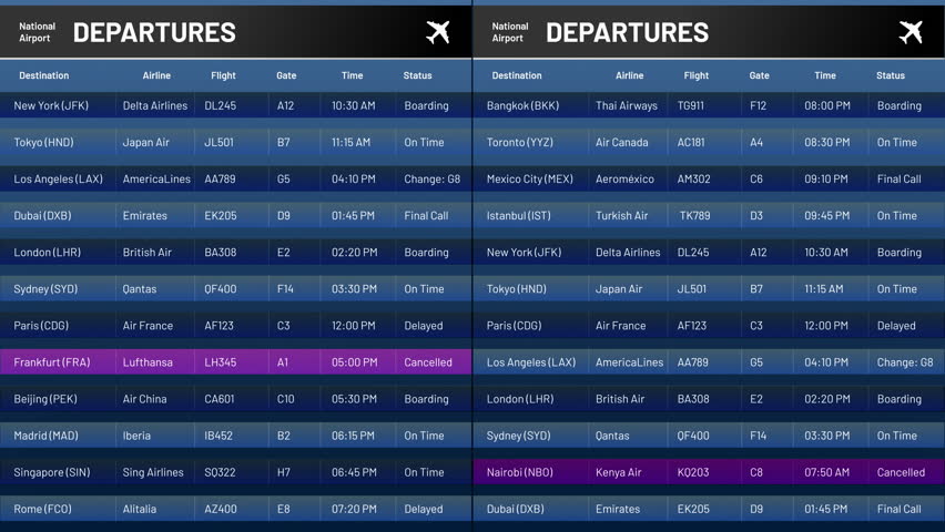 International Airport Terminal: 3D Animation of Arrival and Departure Information Display. Flight Data Board For Travelers with Destination, Time, Status. Schedule Timetable of Airplanes for Tourists.
