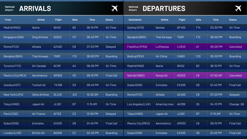 National Airport Terminal: 3D Graphics of Arrivals and Departures Information Screen. Flight Data Board For Travelers Showing Destination, Time, Status. Schedule Timetable of Airplanes for Tourists.
