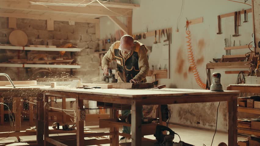 Wood, sander and carpenter in workshop with tools for furniture, production or construction project. Handyman, building and woodworking process in warehouse with manufacturing or labor in business
