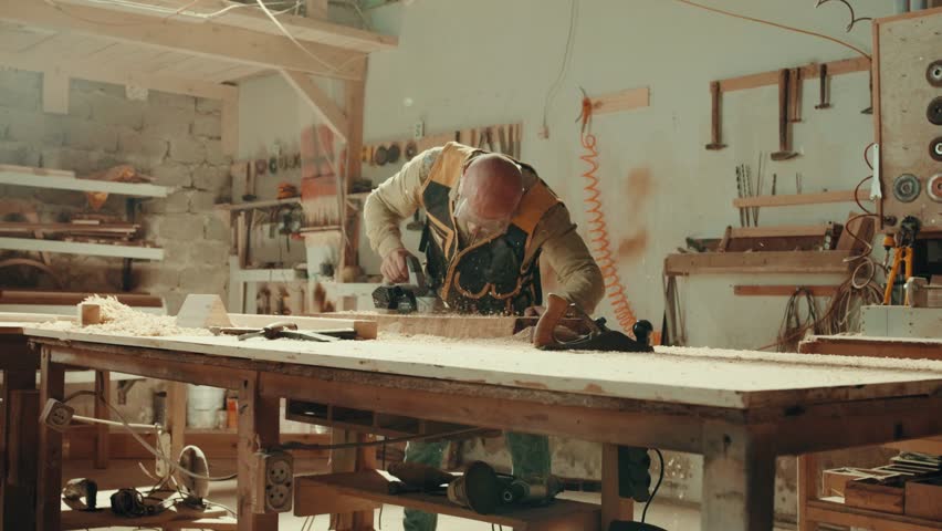 Wood, sander and carpenter in workshop with tools for furniture, production or construction project. Handyman, building and woodworking process in warehouse with manufacturing or labor in business
