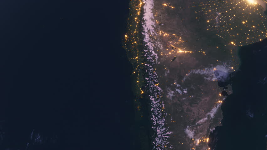Central America from Space at Night. Night City Lights. Earth From Space Orbit. Night Globe. South America, Argentina, Brasil, Chile, Peru. 4k, 29.97 fps.