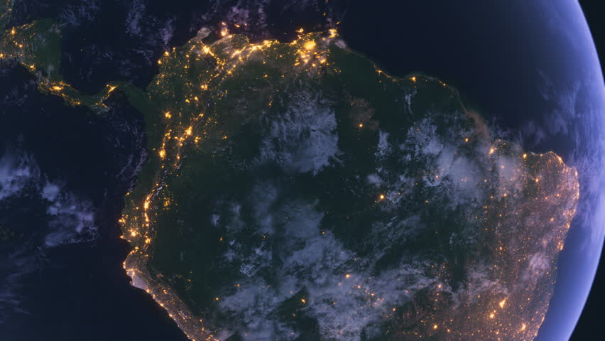 Central America from Space at Night. Night City Lights. Earth From Space Orbit. Night Globe. South America, Argentina, Brasil, Chile, Peru. 4k, 29.97 fps.