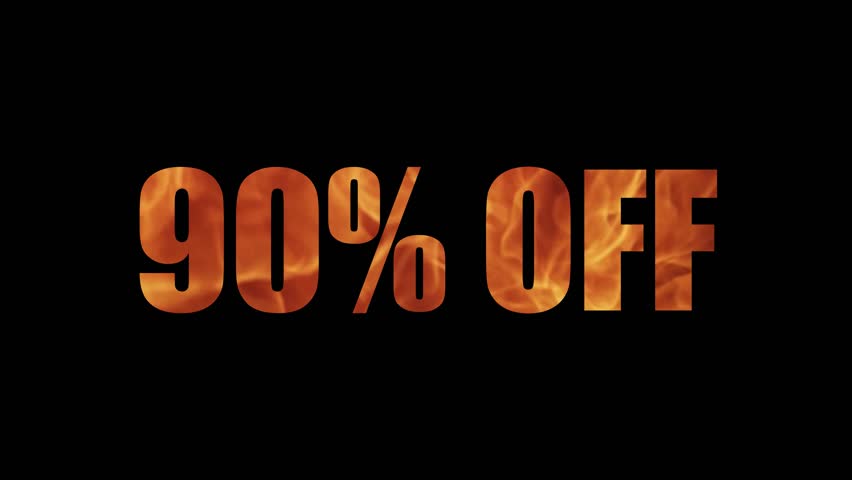 Animated fiery text '90% OFF' burning with flame effect and disappearing