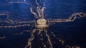 Fingerprint integrated on a cpu chip on a printed circuit motherboard. Digital PCB 3D abstract background. Security system and privacy personal data protection concept - Powered by Shutterstock - Get 15% off with code: PIKWIZARD15