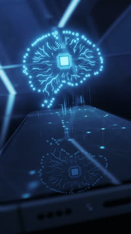 3D futuristic neon AI hologram hud and digital brain with smartphone display. Artificial Intelligence technology concept. Chat deep learning. Cyber innovation mobile app