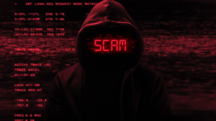 Hacker scammer with hoodie and glitch face. Computer abstract digital code at the background. Dark web or darknet fraud. Cryptocurrency scam concept. Cyber security and social network data protection