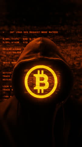 Anonymous hacker with hoodie and glitch bitcoin on face. Computer abstract digital code at the background. Dark web or darknet fraud. Cryptocurrency bitcoin mixer and p2p money concept