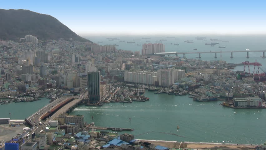 Summer. Sunny, cloudless weather. View of the port city (Pusan) from a bird's