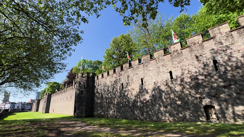 Exterior Wales Cardiff Castle Walls Welsh Flags