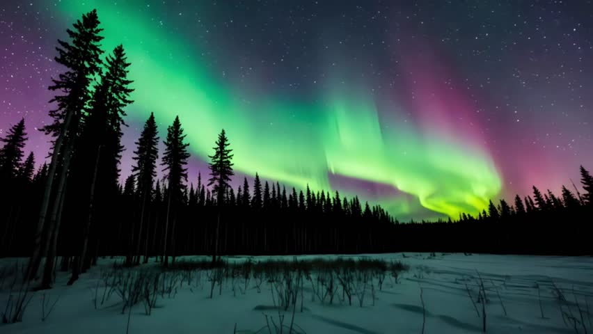 Beautiful Northern Lights Animation. Green light Aurora Borealis in Norway, Canada, Finland, Iceland and Sweden. Polar weather and blue starry sky on a cold night.4k Background