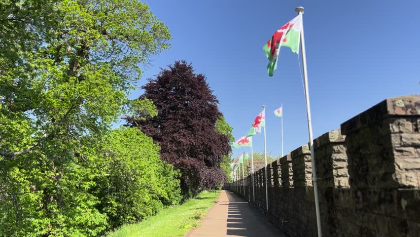 Wales Cardiff Castle Walls Welsh Flags Fluttering