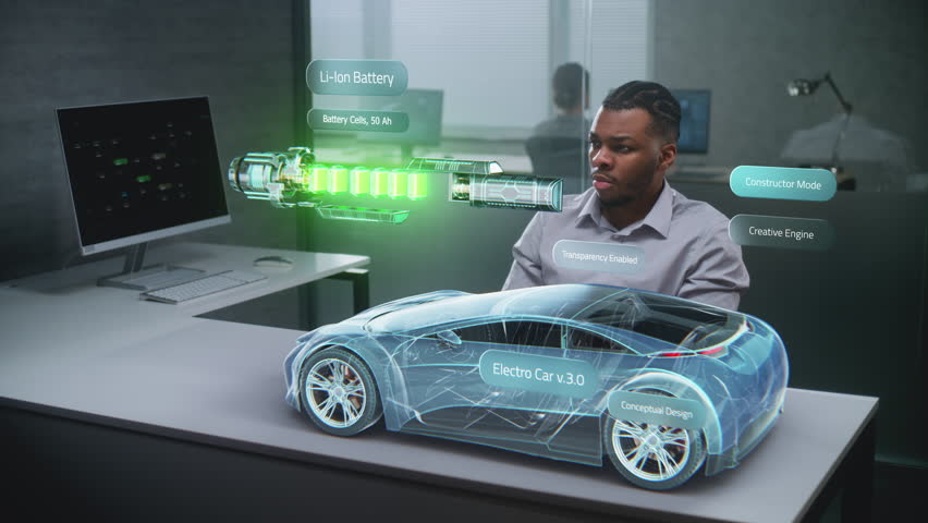 African American Automotive Engineer Uses Augmented Reality Hologram to Construct 3D Model of High-Tech Electric Vehicle on Li-Ion Battery. Renewable Energy Car Design. Artificial Intelligence Concept - Powered by Shutterstock - Get 15% off with code: PIKWIZARD15