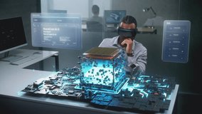 African American Engineer Uses Virtual Reality Headset to Visualize Augmented 3D Holographic Model of Processor or Computing Machine. VFX of Digital Interface for Artificial Intelligence Development. - Powered by Shutterstock - Get 15% off with code: PIKWIZARD15