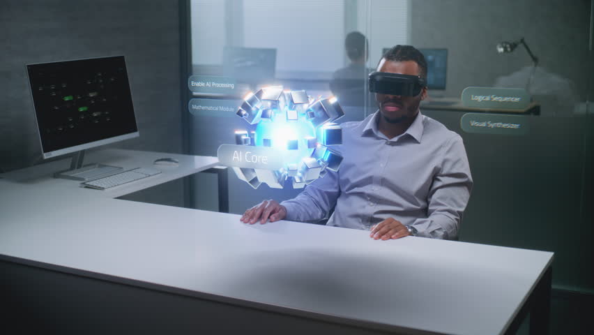 African American Engineer Uses Augmented Reality Headset to Visualize Virtual 3D Holographic Model of AI Core and Neural Network. Futuristic Data Analysis And Artificial Intelligence Integration.