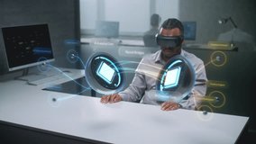 African American Specialist Uses Virtual Reality Headset to Visualize Augmented 3D Holographic Model of AI Core. Futuristic Data Analysis, Artificial Intelligence Integration and Computer Technology. - Powered by Shutterstock - Get 15% off with code: PIKWIZARD15
