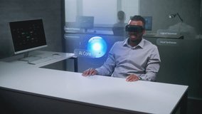 African American Specialist Uses Virtual Reality Headset to Analyze Augmented 3D Holographic Model of AI Core. Futuristic Data Analysis, Artificial Intelligence Integration and Computer Technology. - Powered by Shutterstock - Get 15% off with code: PIKWIZARD15