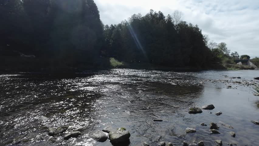 Water Flowing Downstream Along The Grand River At Fergus In Ontario, Canada. Panning Shot.