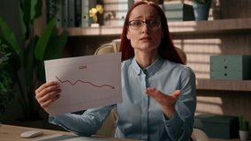 Caucasian woman in office girl sad anxious businesswoman broker trader analysis data loss sales graph diagram chart business invest debt crisis crypto finance paper document report bankruptcy stress - Powered by Shutterstock - Get 15% off with code: PIKWIZARD15