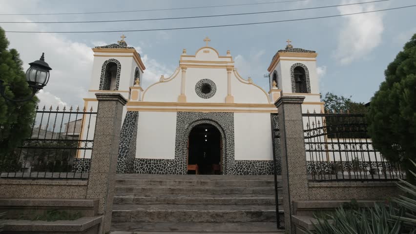 Colonial style Catholic Church Facade in a Small Honduran Town. Hispanic heritage.