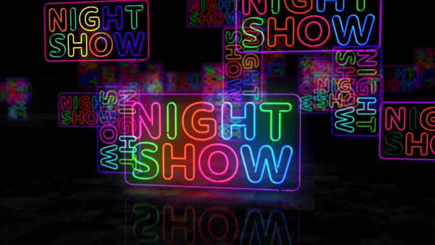 Show time event neon glowing symbol. Light color bulbs. Showtime entertainment abstract concept 3d animation.