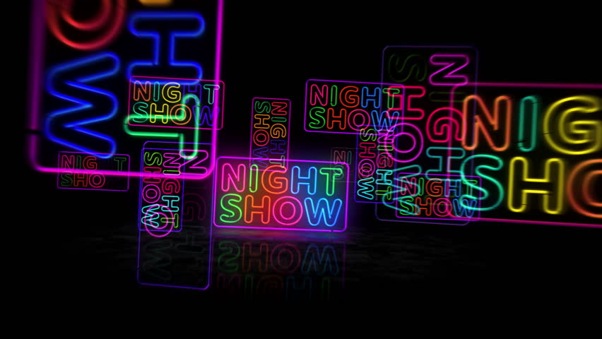 Show time event neon symbol. Light color bulbs. Showtime entertainment abstract seamless and loopable concept. 3d flying through the tunnel animation.