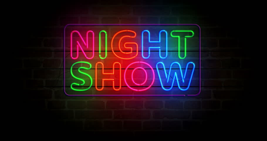 Show time event neon symbol on brick wall. Showtime entertainment light color bulbs. Loopable and seamless abstract concept animation.