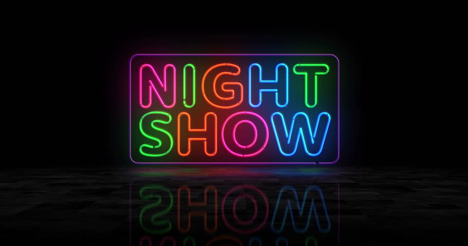 Show time event neon glowing symbol. Light color bulbs. Showtime entertainment abstract concept 3d animation.