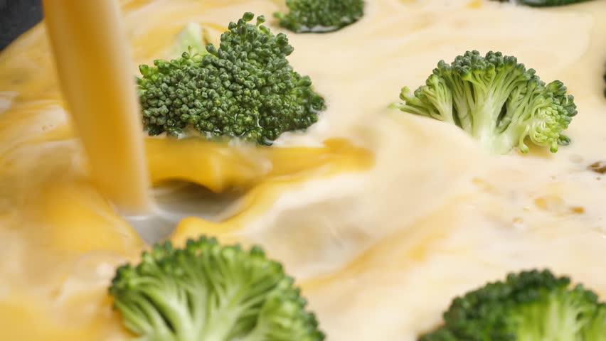 Pouring the omelette into a frying pan with fresh broccoli. Vegetarian broccoli omelette. Pour the milk and chicken egg mixture into a hot frying pan. Diet, healthy lifestyle, vegetarianism