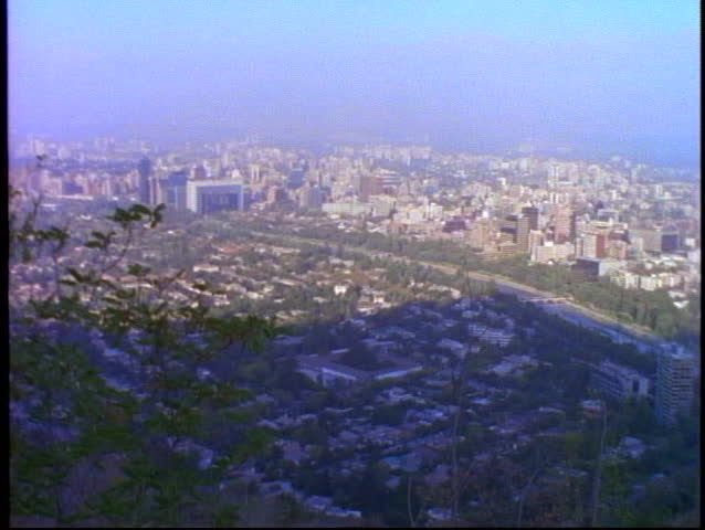 CHILE, 1998, Santiago, Chile, city overview, pan right, wide distant shot