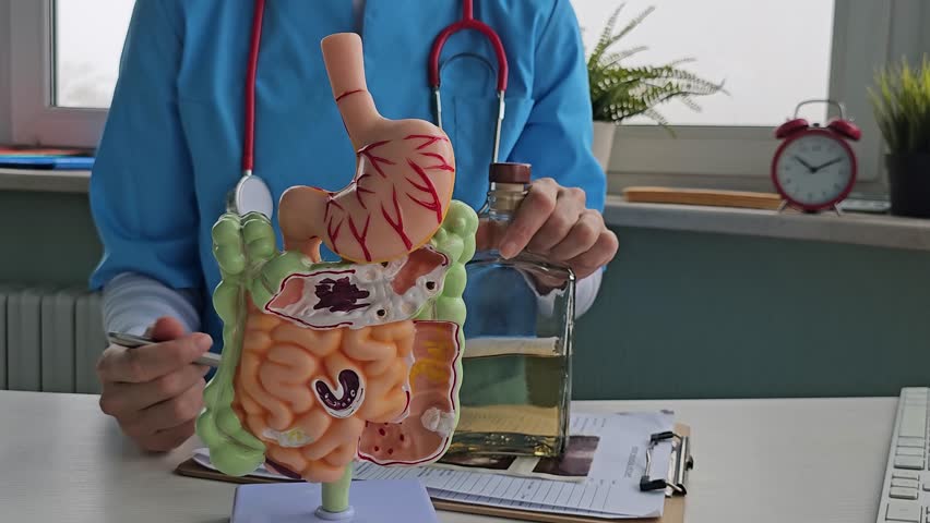 Doctor holds a model of the digestive system and a bottle of alcohol. Alcohol and intestinal diseases of the stomach concept