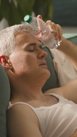 Tired man sitting on the couch at home and working with a laptop, he is suffering from the heat