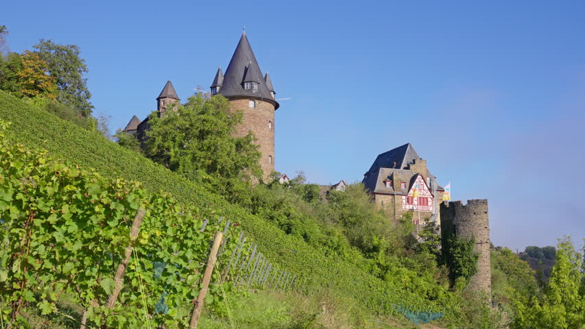 The Medieval Stahleck Castle and vineyard landscape in the upper middle Rhine River near Bacharach, Germany on a warm sunny day